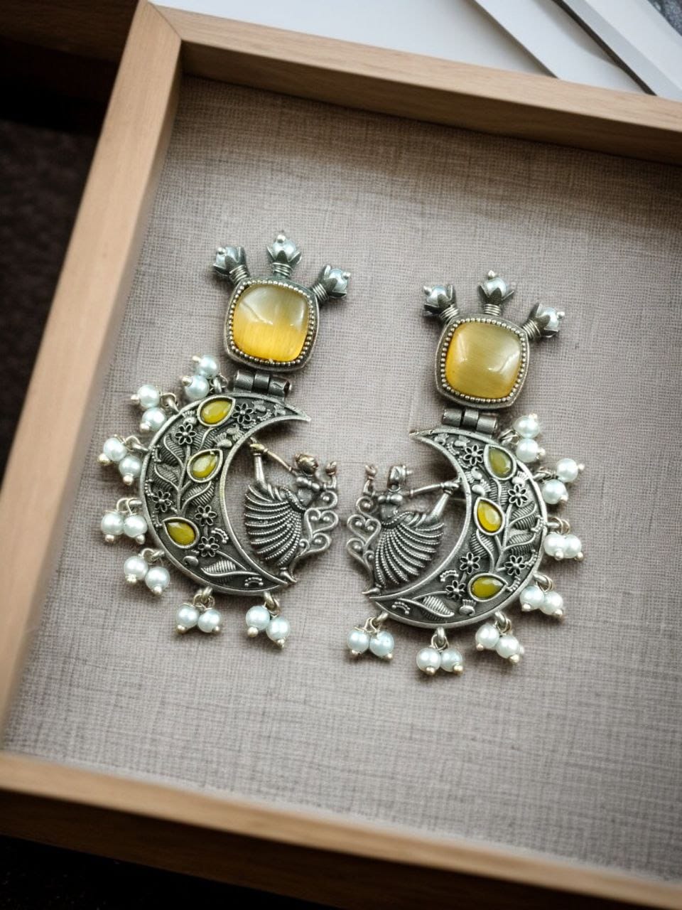 Handcrafted Silver Look-Alike Amazing Dancing Girl Earrings with Floral Moon & Pearl Detailing - Image 7