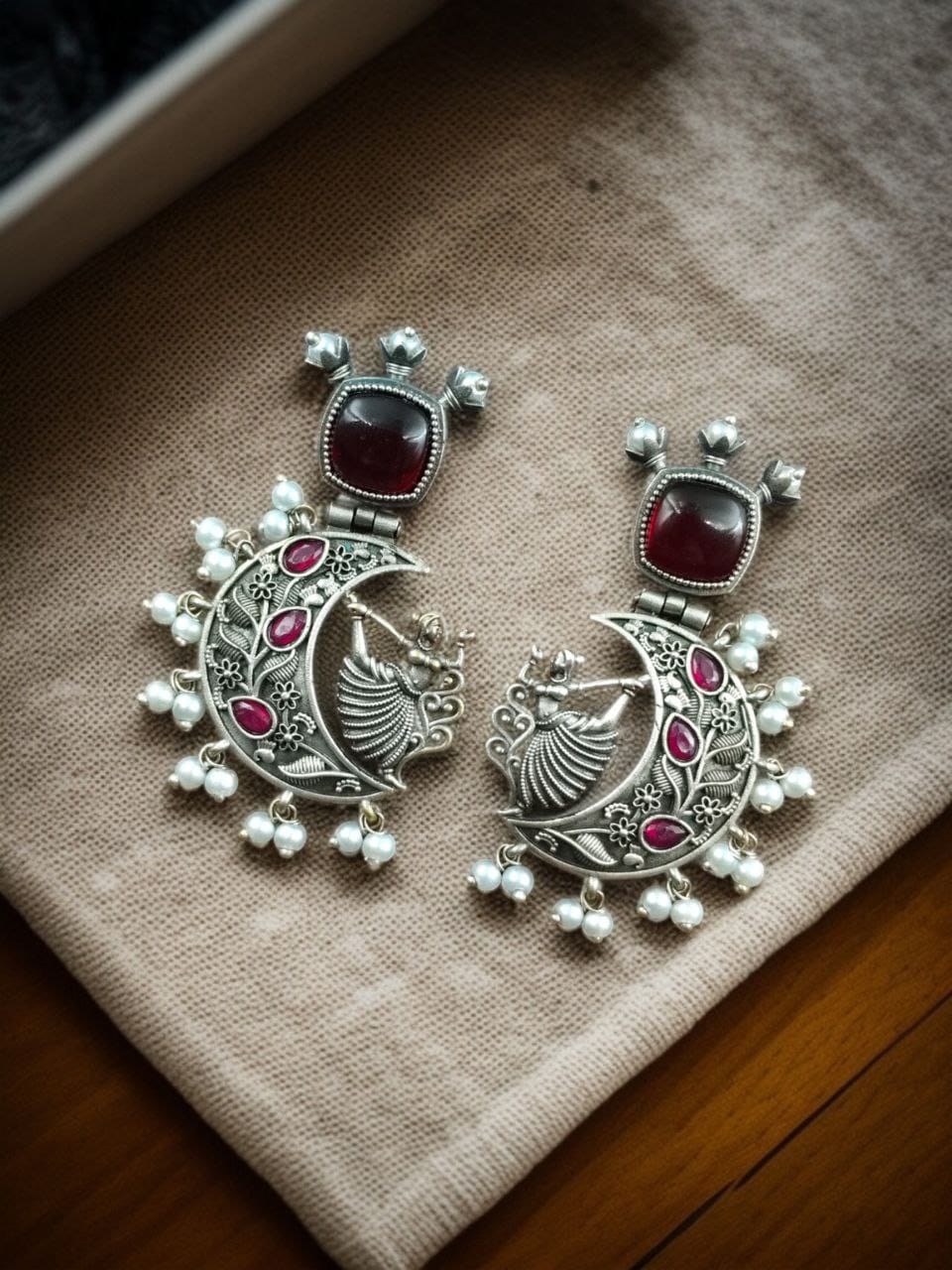 Handcrafted Silver Look-Alike Amazing Dancing Girl Earrings with Floral Moon & Pearl Detailing - Image 2