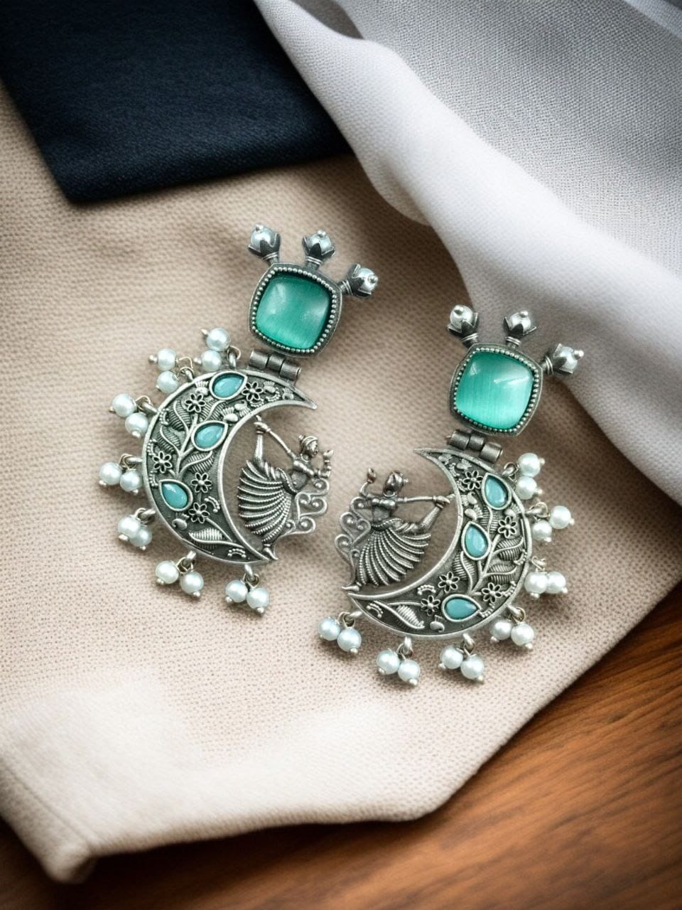 Handcrafted Silver Look-Alike Amazing Dancing Girl Earrings with Floral Moon & Pearl Detailing - Image 5