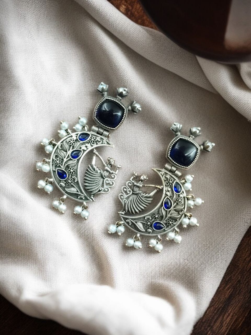 Handcrafted Silver Look-Alike Amazing Dancing Girl Earrings with Floral Moon & Pearl Detailing