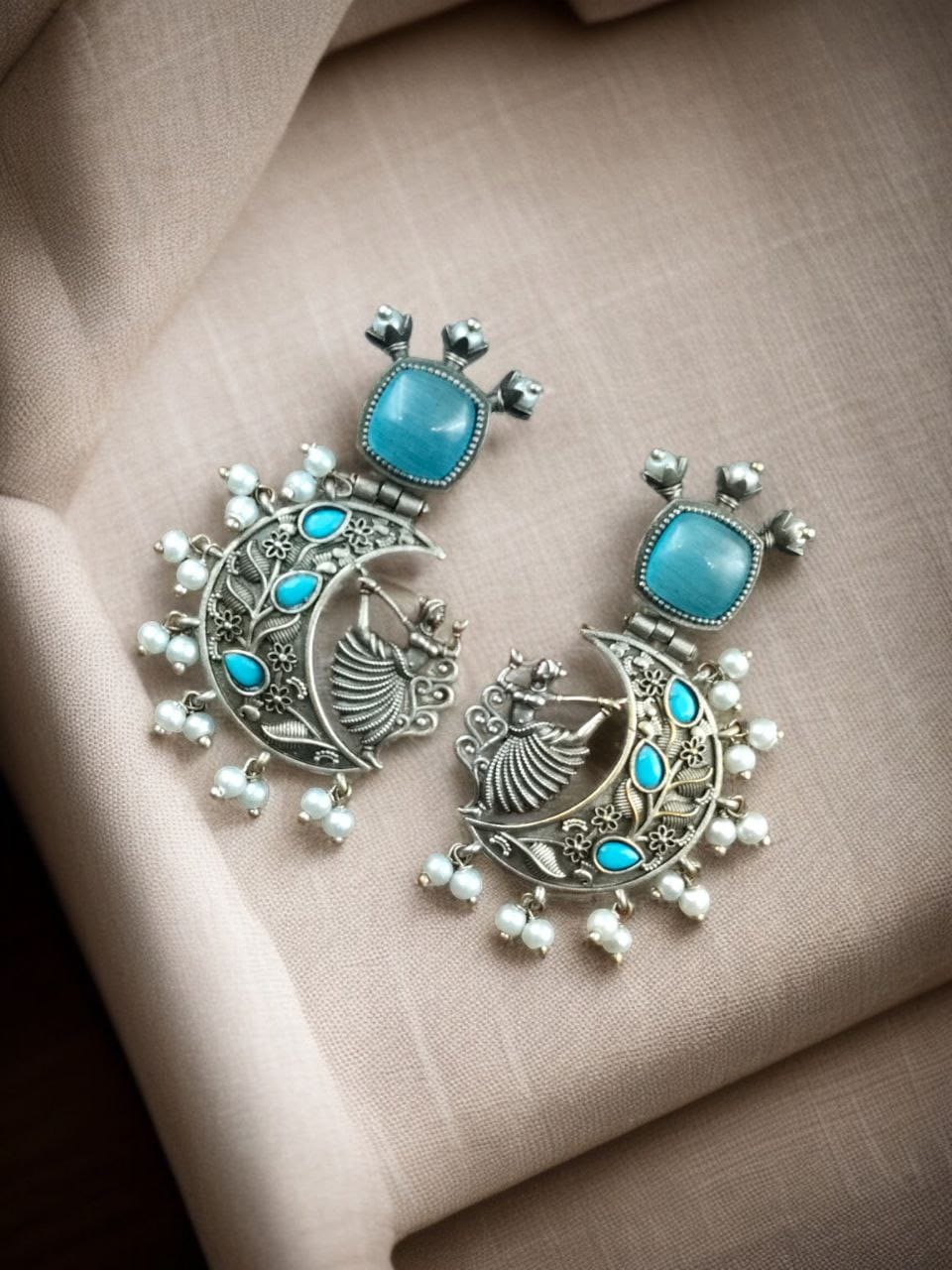 Handcrafted Silver Look-Alike Amazing Dancing Girl Earrings with Floral Moon & Pearl Detailing - Image 10