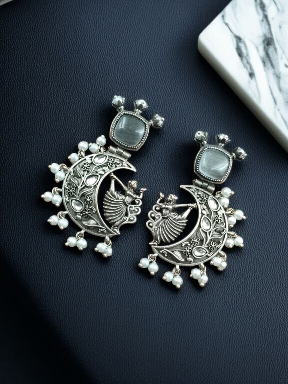 Handcrafted Silver Look-Alike Amazing Dancing Girl Earrings with Floral Moon & Pearl Detailing - Image 3