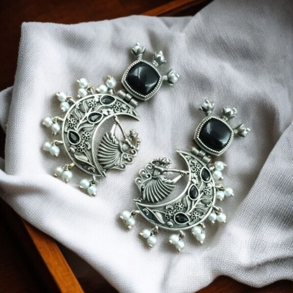 Handcrafted Silver Look-Alike Amazing Dancing Girl Earrings with Floral Moon & Pearl Detailing - "Black"