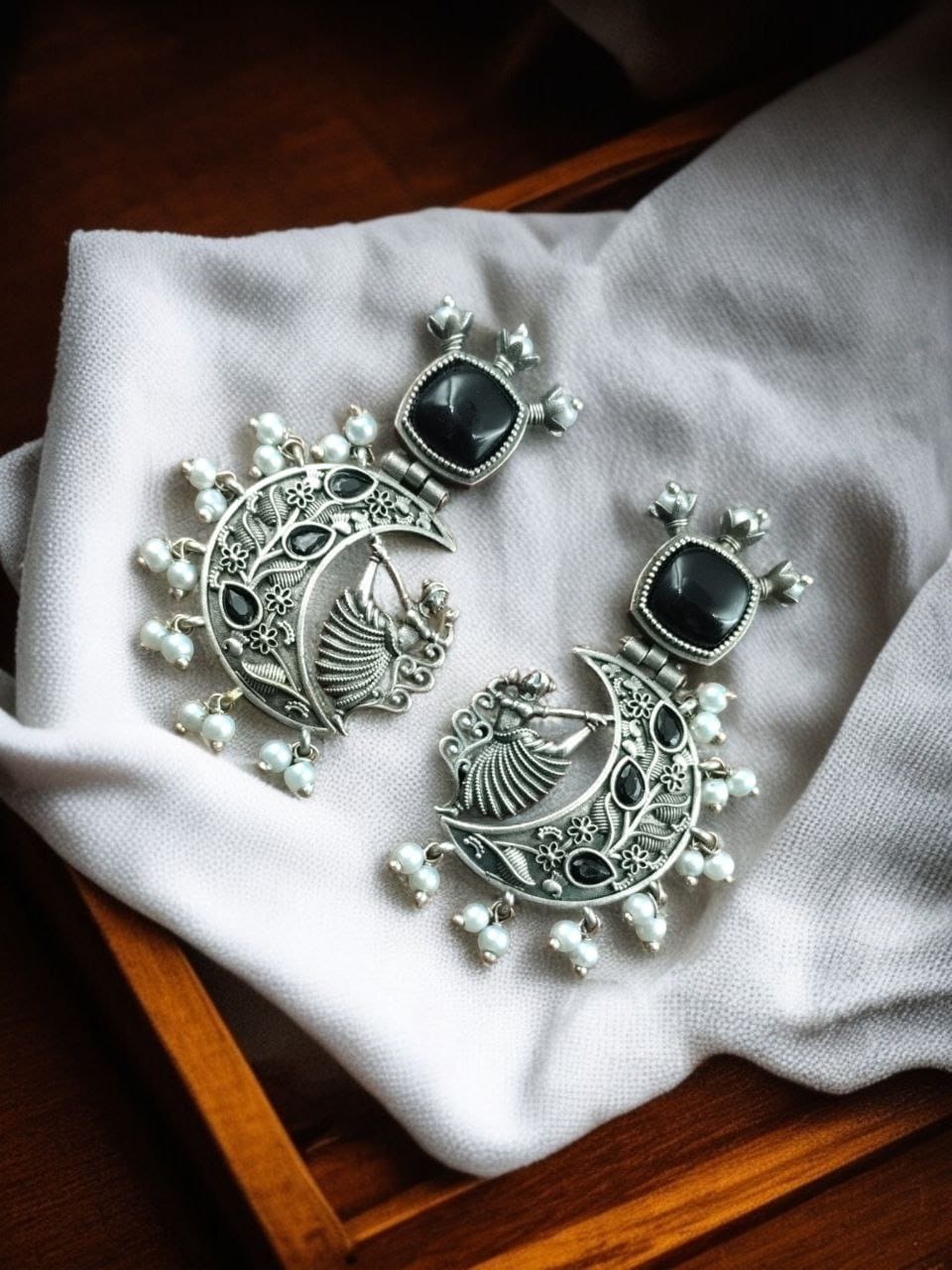 Handcrafted Silver Look-Alike Amazing Dancing Girl Earrings with Floral Moon & Pearl Detailing - Image 4
