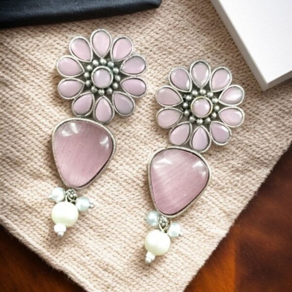 Silver Look Alike Stone Stud Earrings | Unique Flower Design Jewelry For Girls - "Baby Pink"