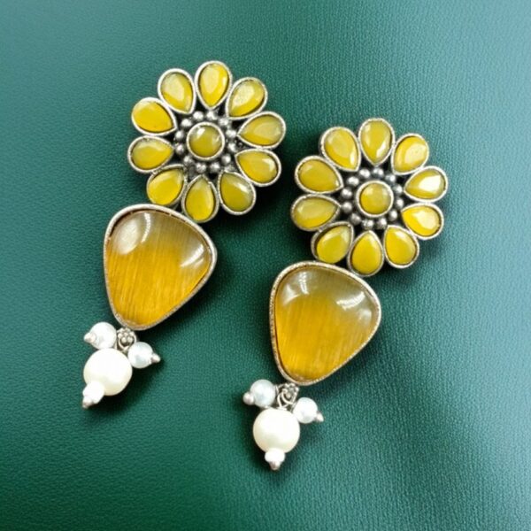 Silver Look Alike Stone Stud Earrings | Unique Flower Design Jewelry For Girls - "Yellow"