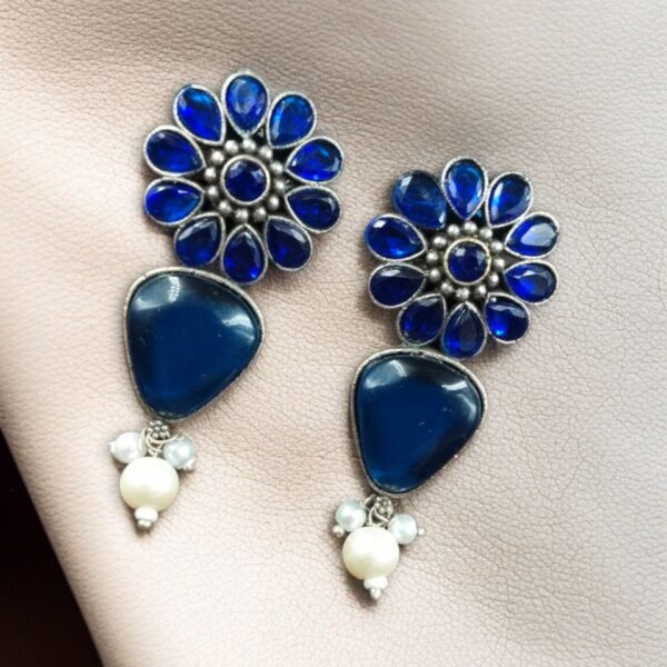 Silver Look Alike Stone Stud Earrings | Unique Flower Design Jewelry For Girls - "Blue"