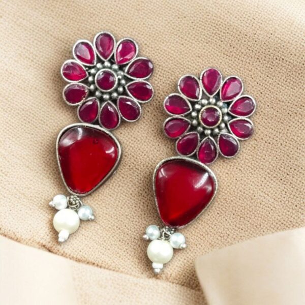 Silver Look Alike Stone Stud Earrings | Unique Flower Design Jewelry For Girls - "Red"