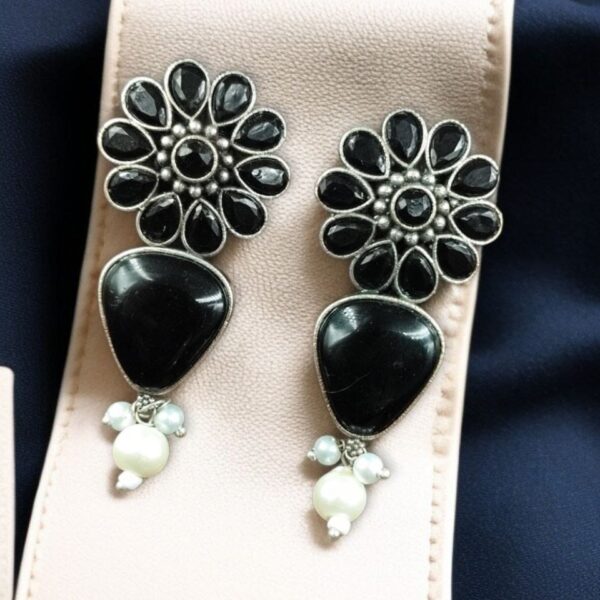 Silver Look Alike Stone Stud Earrings | Unique Flower Design Jewelry For Girls - "Black"