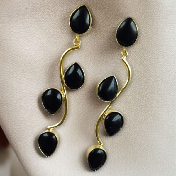 Light Weighted Gold Plated Long Earrings | Stones Dangler jewellery - "Black"