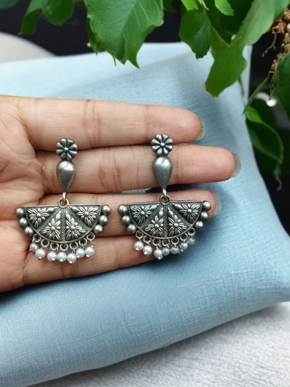 Silver Replica Floral Art Earring | Trendy Beautiful Oxidised Dangler Jewellery For Girls - Image 2