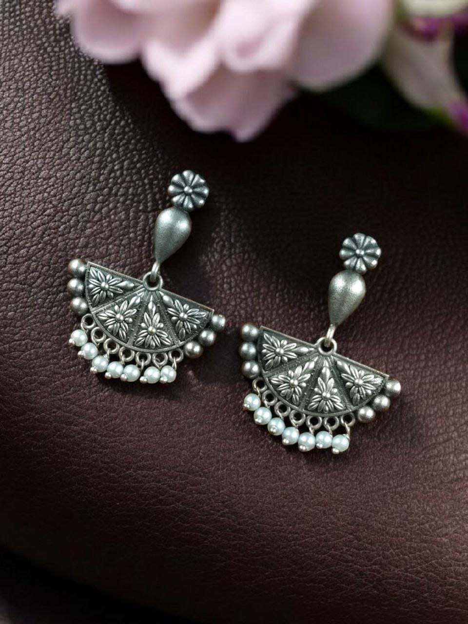 Silver Replica Floral Art Earring | Trendy Beautiful Oxidised Dangler Jewellery For Girls