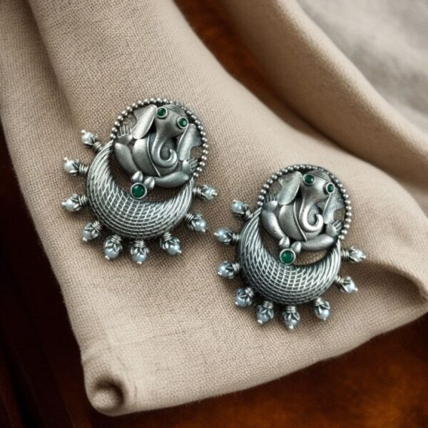 Oxidised Ganesha Stud Earrings | Unique Silver Replica Chandbali Style Jewellery - "Green"