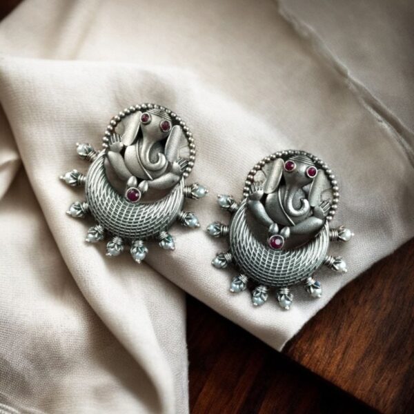 Oxidised Ganesha Stud Earrings | Unique Silver Replica Chandbali Style Jewellery - "Pink"