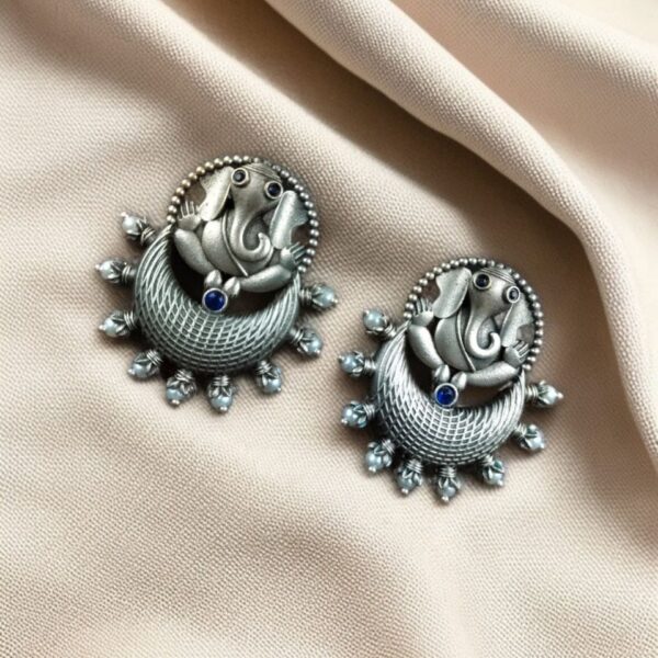 Oxidised Ganesha Stud Earrings | Unique Silver Replica Chandbali Style Jewellery - "Blue"