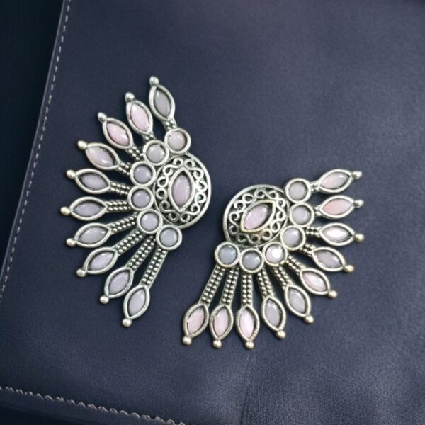 Handcrafted Ancient Feather Style Earrings | Silver Replica Wings Best Stone Work - "Baby Pink"