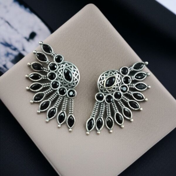 Handcrafted Ancient Feather Style Earrings | Silver Replica Wings Best Stone Work - "Black"