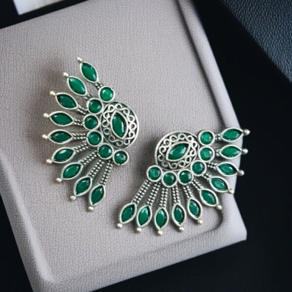 Handcrafted Ancient Feather Style Earrings | Silver Replica Wings Best Stone Work - "Green"