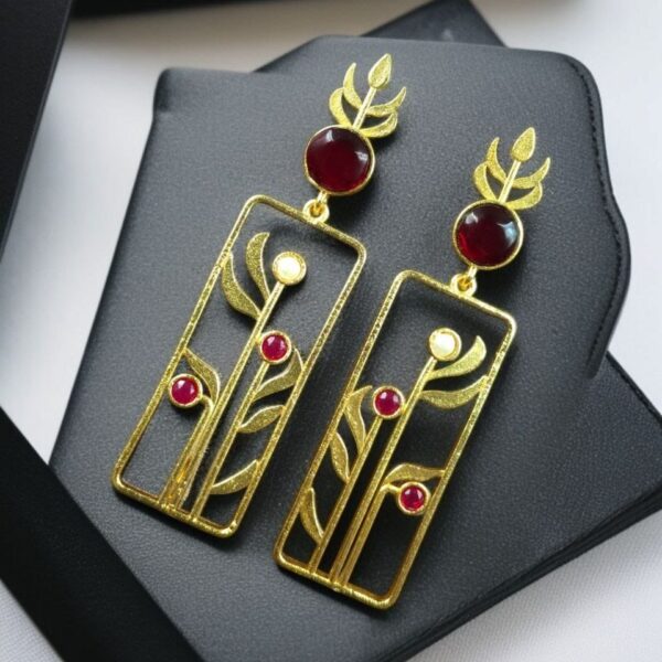 Premium Quality Gold Plated Stud Earrings | Aesthetic Leaf Style Stone Detail Jewellery - "Red"