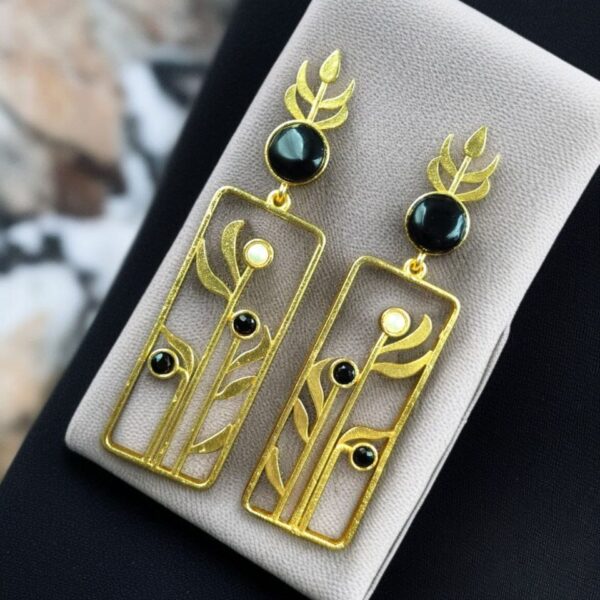 Premium Quality Gold Plated Stud Earrings | Aesthetic Leaf Style Stone Detail Jewellery - "Black"