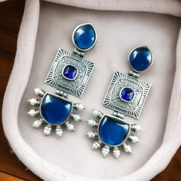 Traditional Beautiful Monalisa Stone Square Dangler Earrings | Silver Replica with Pearl Work - "Blue"