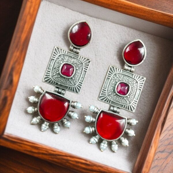 Traditional Beautiful Monalisa Stone Square Dangler Earrings | Silver Replica with Pearl Work - "Red"