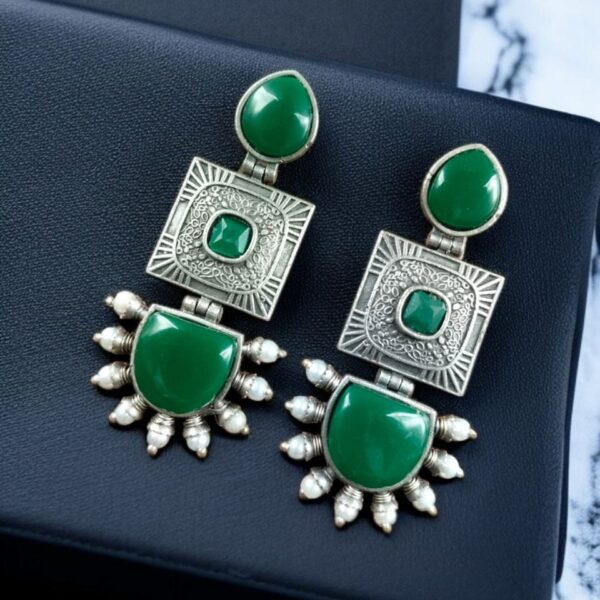 Traditional Beautiful Monalisa Stone Square Dangler Earrings | Silver Replica with Pearl Work - 'Green"