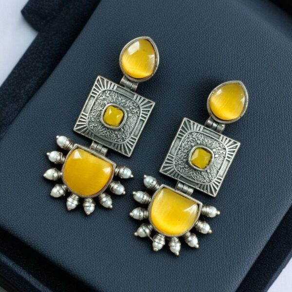 Traditional Beautiful Monalisa Stone Square Dangler Earrings | Silver Replica with Pearl Work - "Yellow"