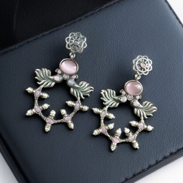 Handcrafted Peacock Inspired Earrings | Vintage Look Silver Replica Flower Stud Jewelry - "Baby Pink"