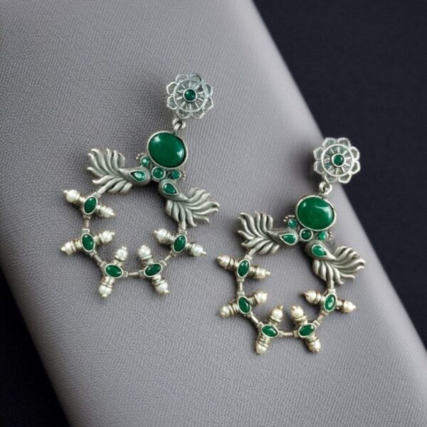 Handcrafted Peacock Inspired Earrings | Vintage Look Silver Replica Flower Stud Jewelry - "Green"