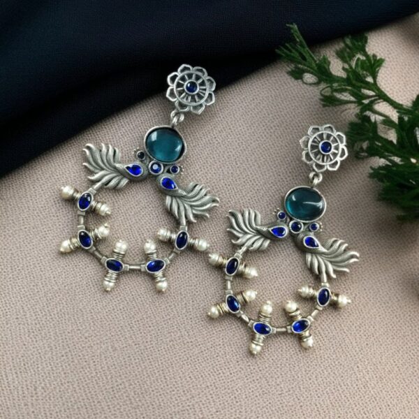 Handcrafted Peacock Inspired Earrings | Vintage Look Silver Replica Flower Stud Jewelry - 'Blue"