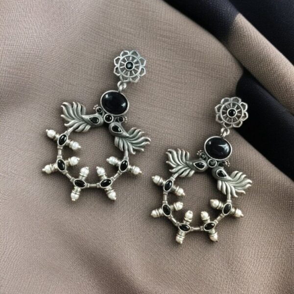 Handcrafted Peacock Inspired Earrings | Vintage Look Silver Replica Flower Stud Jewelry - "Black"