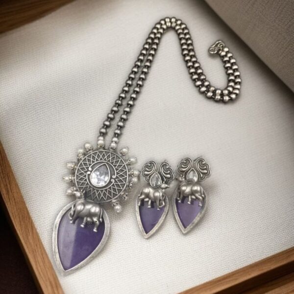 Traditional Silver Replica Nandi Necklace Set With Amazing Monalisa Stone & Pearl Details - "Purple"