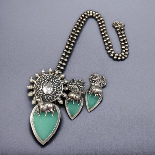 Traditional Silver Replica Nandi Necklace Set With Amazing Monalisa Stone & Pearl Details - "Mint"