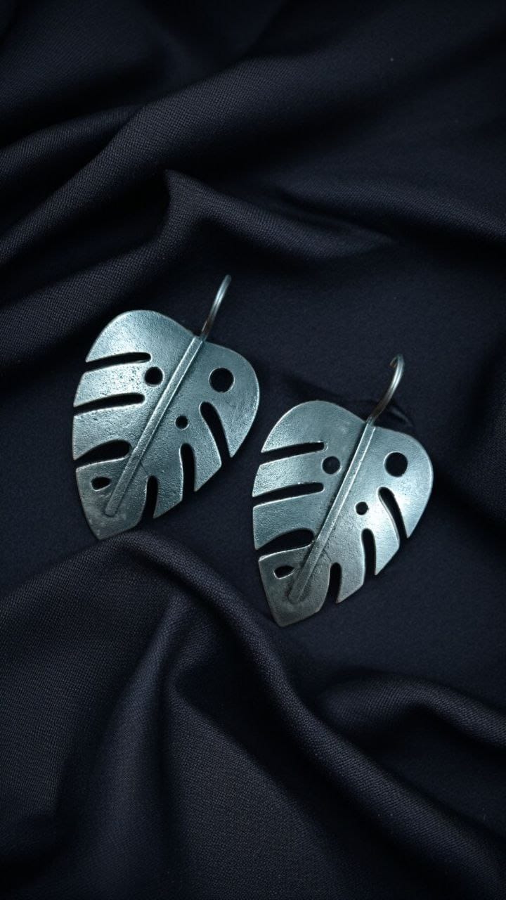 Trendy Oxidized Monstera Leaf Earrings | Nature Inspired Silver Replica Hook Jewelry