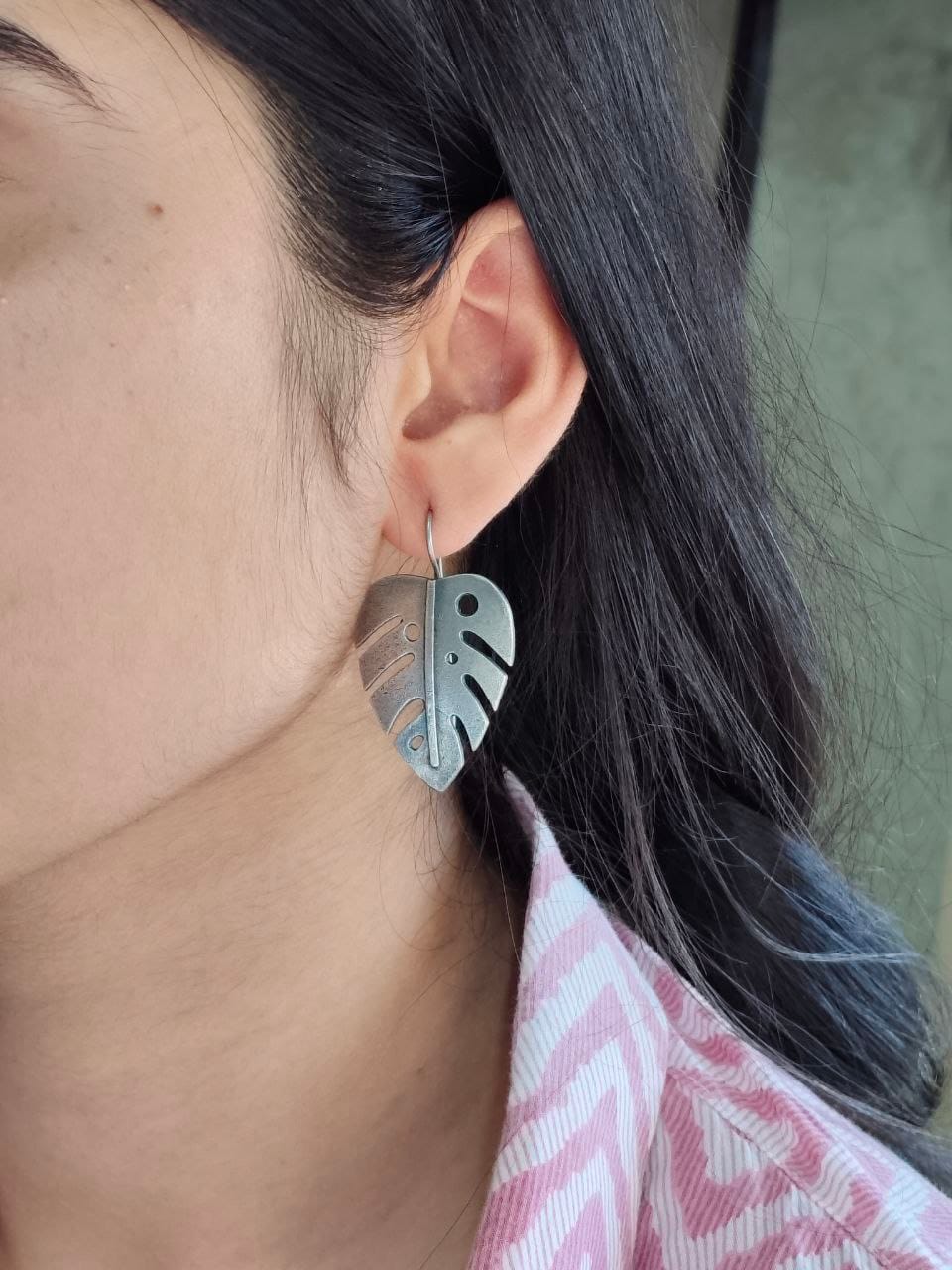 Trendy Oxidized Monstera Leaf Earrings | Nature Inspired Silver Replica Hook Jewelry - Image 2
