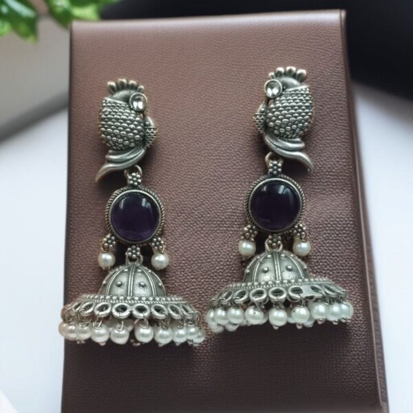 Oxidised Jhumka Earrings | Best Silver look Like Jhumki with Stone Work - "Amethyst"