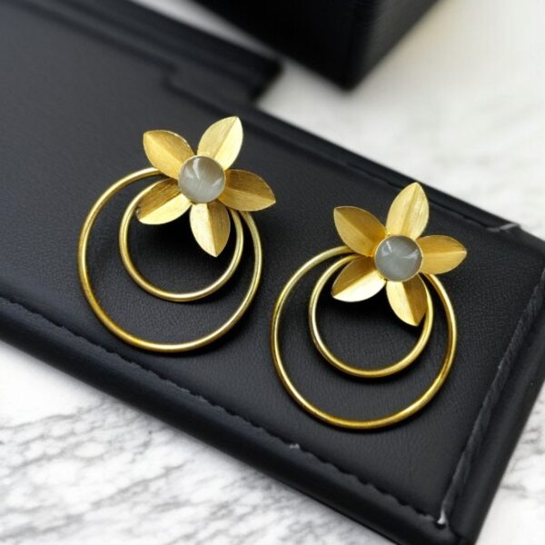 Designer Half-Circle Flower Earrings ? Beautiful Gold Plated Leaf & Stone Jewelry - "Grey"