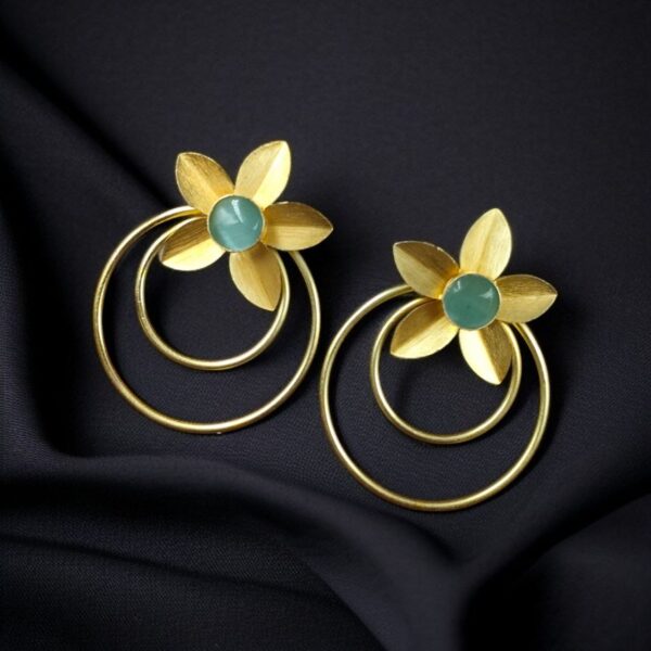 Designer Half-Circle Flower Earrings ? Beautiful Gold Plated Leaf & Stone Jewelry - "Aqua"
