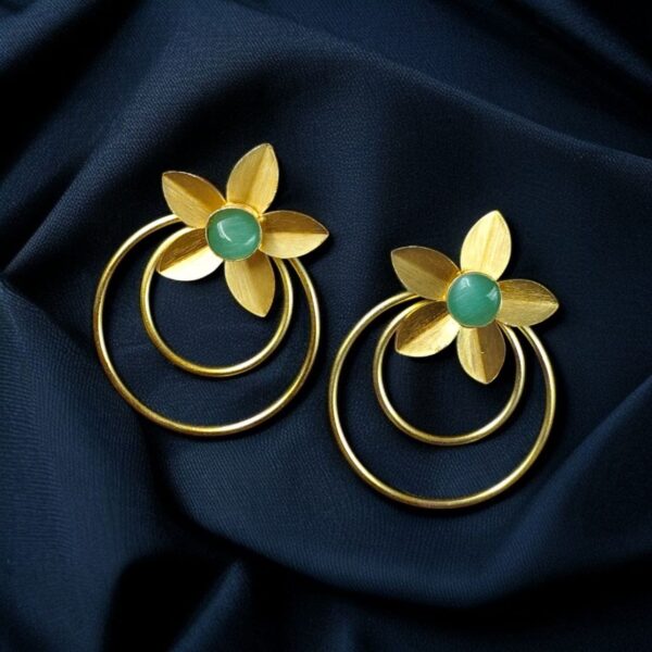 Designer Half-Circle Flower Earrings ? Beautiful Gold Plated Leaf & Stone Jewelry - "Mint"