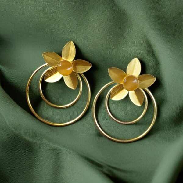 Designer Half-Circle Flower Earrings ? Beautiful Gold Plated Leaf & Stone Jewelry - "Yellow"