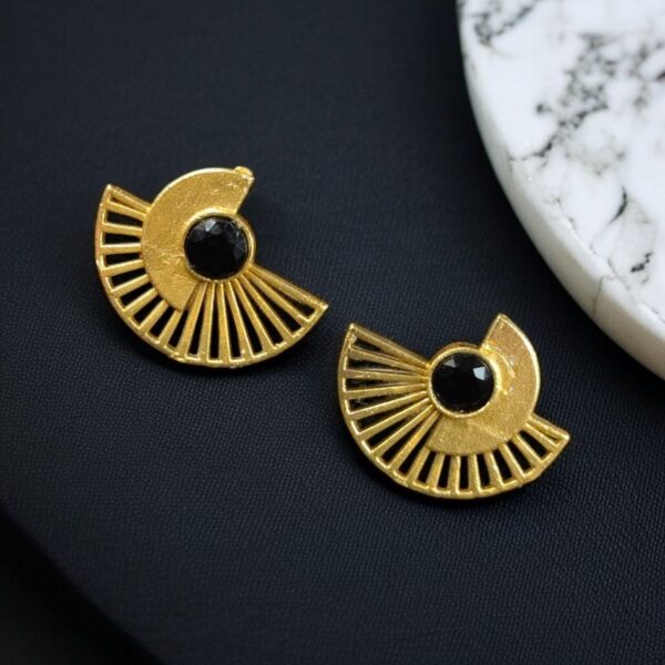 Modern Half-Circle Stone Earrings ? Contemprary Gold Plated Stylish Best Jewelry - "Black"