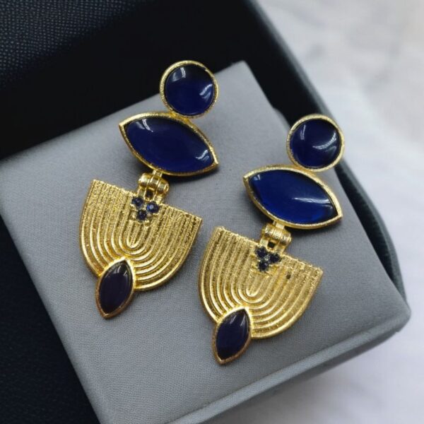 Luxury Gold Plated Stone Earrings | Unique Dangler Western Style Jewellery - "Blue"