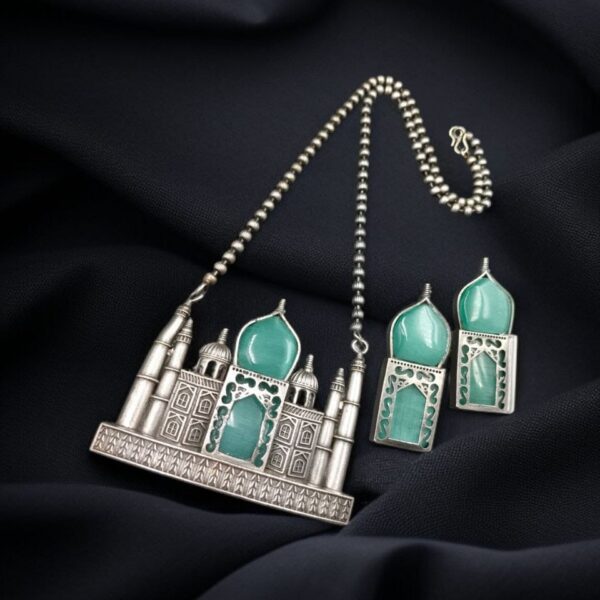 Handcrafted Taj Mahal Necklace Set | Best Oxidised Indian jewellery in Modern Art - "Mint"
