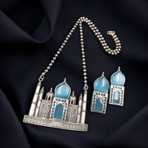Handcrafted Taj Mahal Necklace Set | Best Oxidised Indian jewellery in Modern Art - "Aqua"