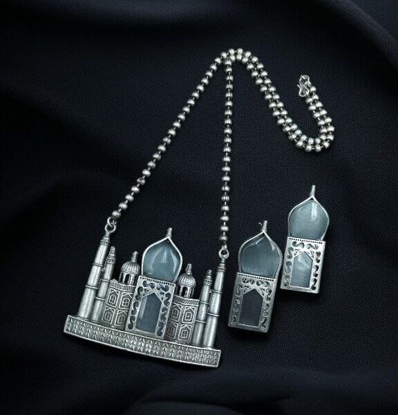 Handcrafted Taj Mahal Necklace Set | Best Oxidised Indian jewellery in Modern Art - "Grey"