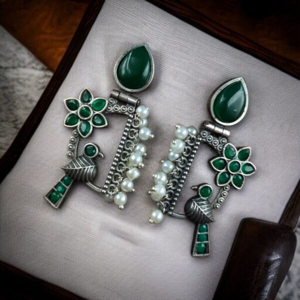 Traditional Designer Bird Earrings in Silver Replica | Pearl & Stone Work Best Oxidised Jewellery - " Green"