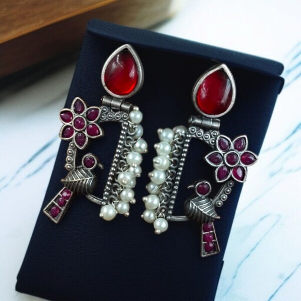 Traditional Designer Bird Earrings in Silver Replica | Pearl & Stone Work Best Oxidised Jewellery - "Red"