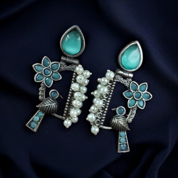 Traditional Designer Bird Earrings in Silver Replica | Pearl & Stone Work Best Oxidised Jewellery - "Mint"