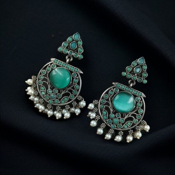 Designer Floral Earrings | Unique Dangler Silver Replica Stud With Stone Detailing - "Mint"